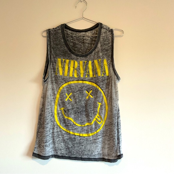 no brand Tops - Nirvana Tie Dyed Distressed Sleeveless Shirt Size L. Oversize Shirt Smiley Logo.